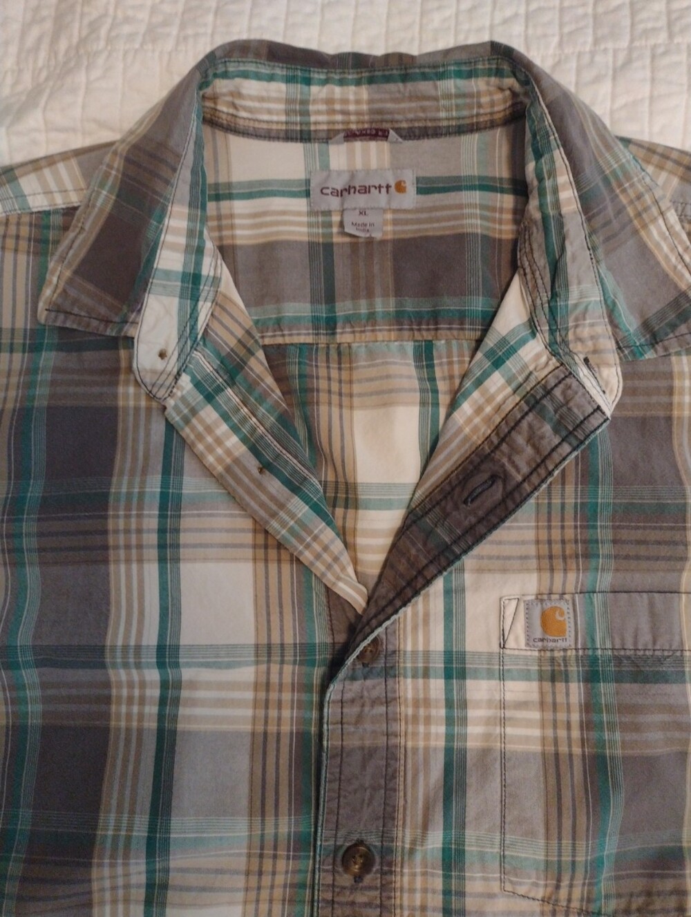 Carhartt Mens XL Plaid Button Down Shirt Short Sleeve Relaxed Fit Collar Work